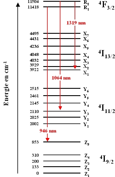 
   
    Figure E1 : Différents niveaux de l'ion néodyme. (il existe également des niveaux d'énergie plus élevées non représentés qui ne participent pas à l'émission laser)
   
  