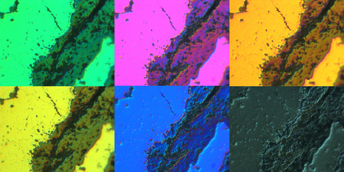 
   
    Figure 13 : Suivant la position du prisme de Nomarski, la couleur du fond de l'image varie, observation d'un cordon de soudure carboné ; microscope équipé d'un objectif x50 
   
  