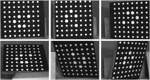 
   
    Figure 9 : Exemple d'une séquence de 6 images d'une mire de calibrage composée de 64 taches circulaires, utilisée pour le calibrage d'une caméra
   
  